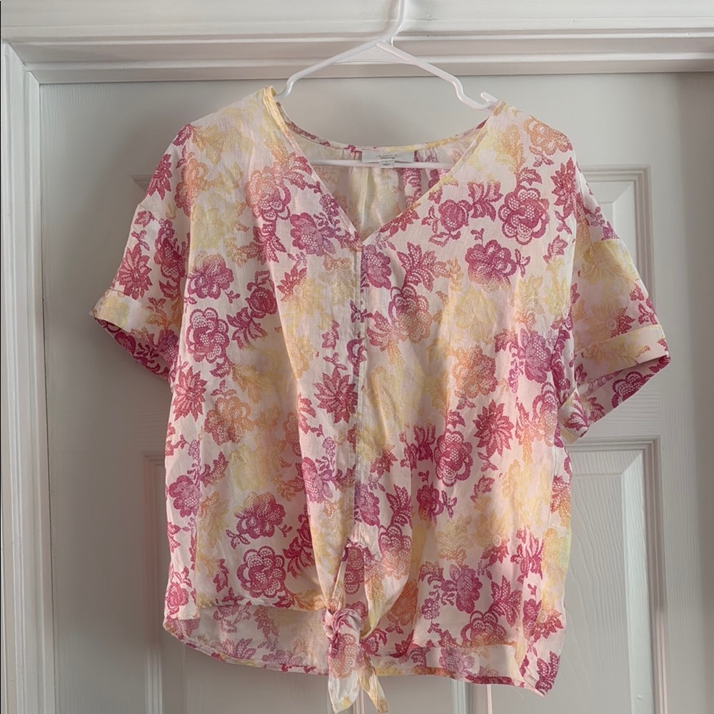 Charter Club Linen Floral Print Front Tie Women Top -‎ Size L